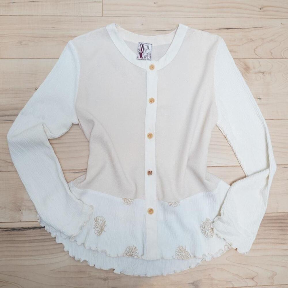 Neil David Sheer Button Front Blouse Cream M Vintage 90s